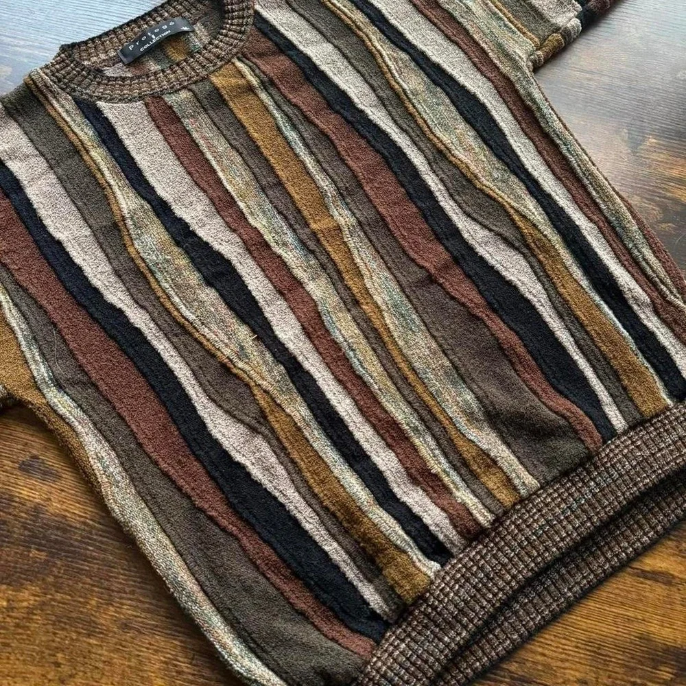 Men's Textured Stripe Crewneck Sweater Size M Brown Earth Tone Coogi Style